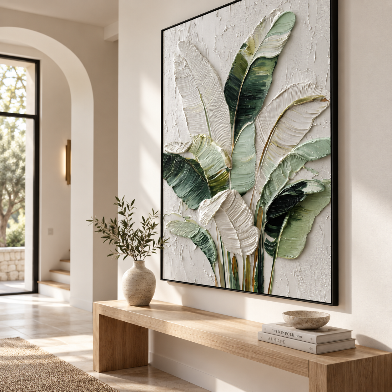 Tropical Relief - Green & White Palm Leaves Heavy Impasto Canvas Art