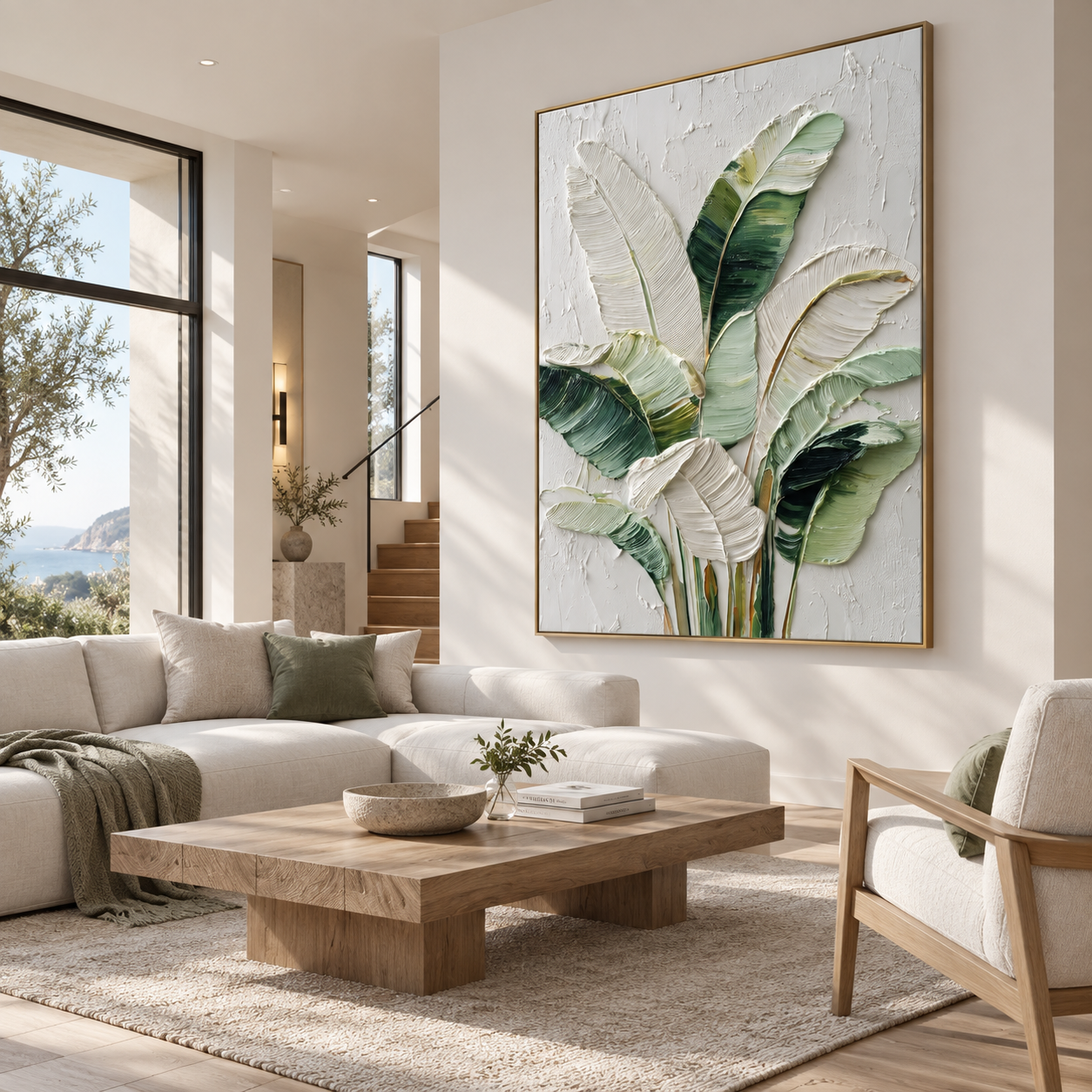 Tropical Relief - Green & White Palm Leaves Heavy Impasto Canvas Art