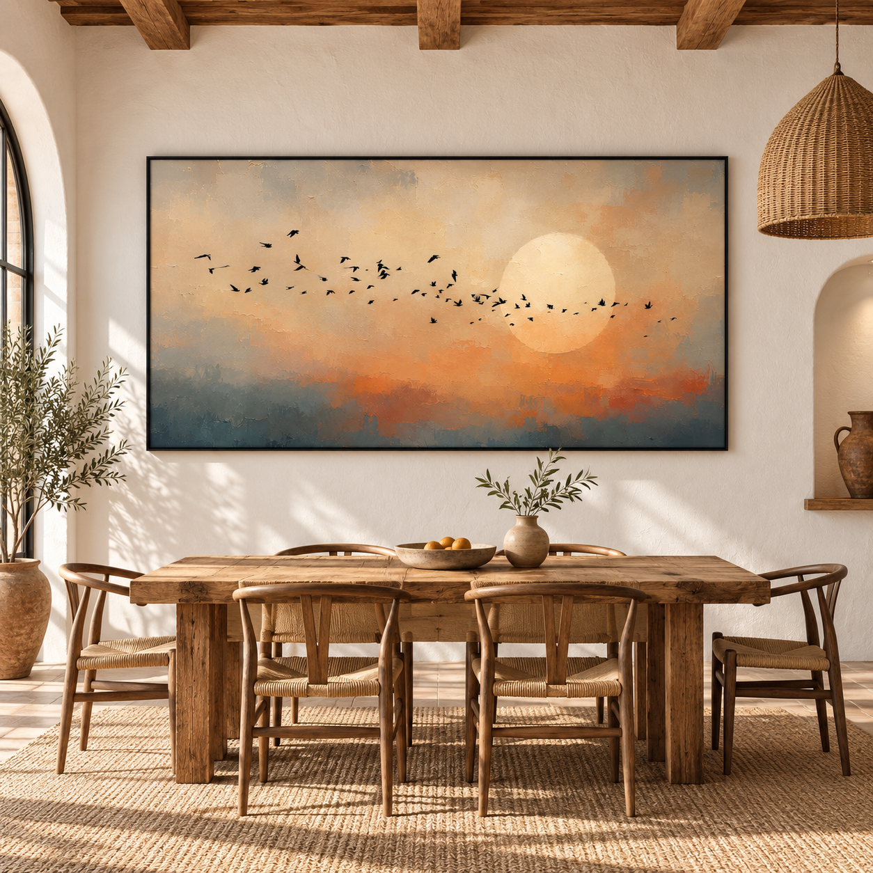 Golden Dusk Birds - Sunset Sky Heavy Impasto Landscape Canvas Art