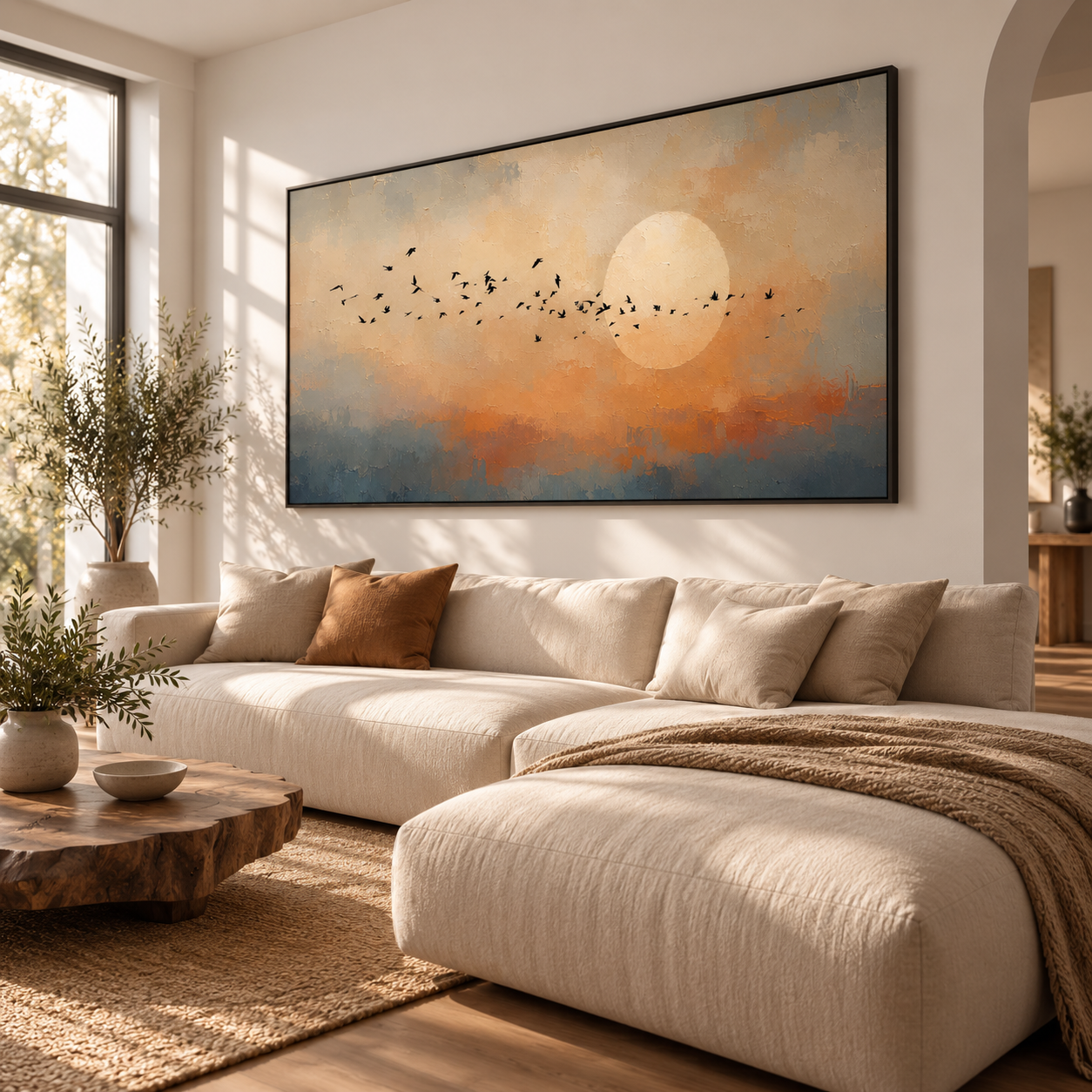 Golden Dusk Birds - Sunset Sky Heavy Impasto Landscape Canvas Art