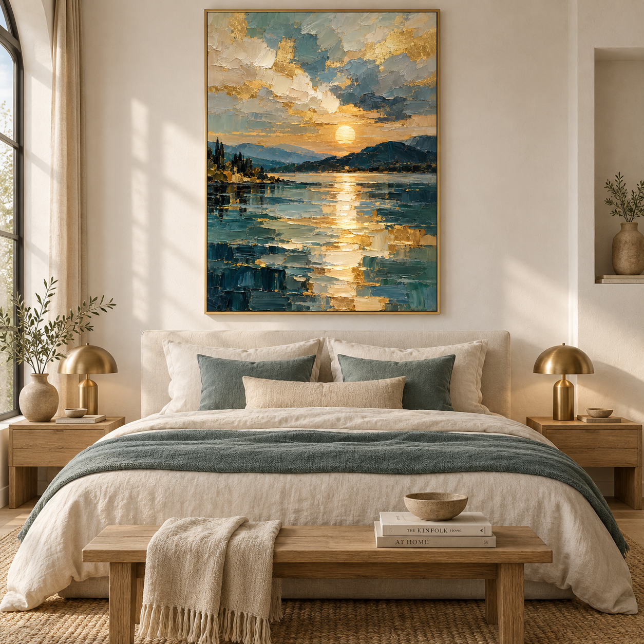 Golden Reflection Lake - Sunset Seascape Heavy Impasto Canvas Art