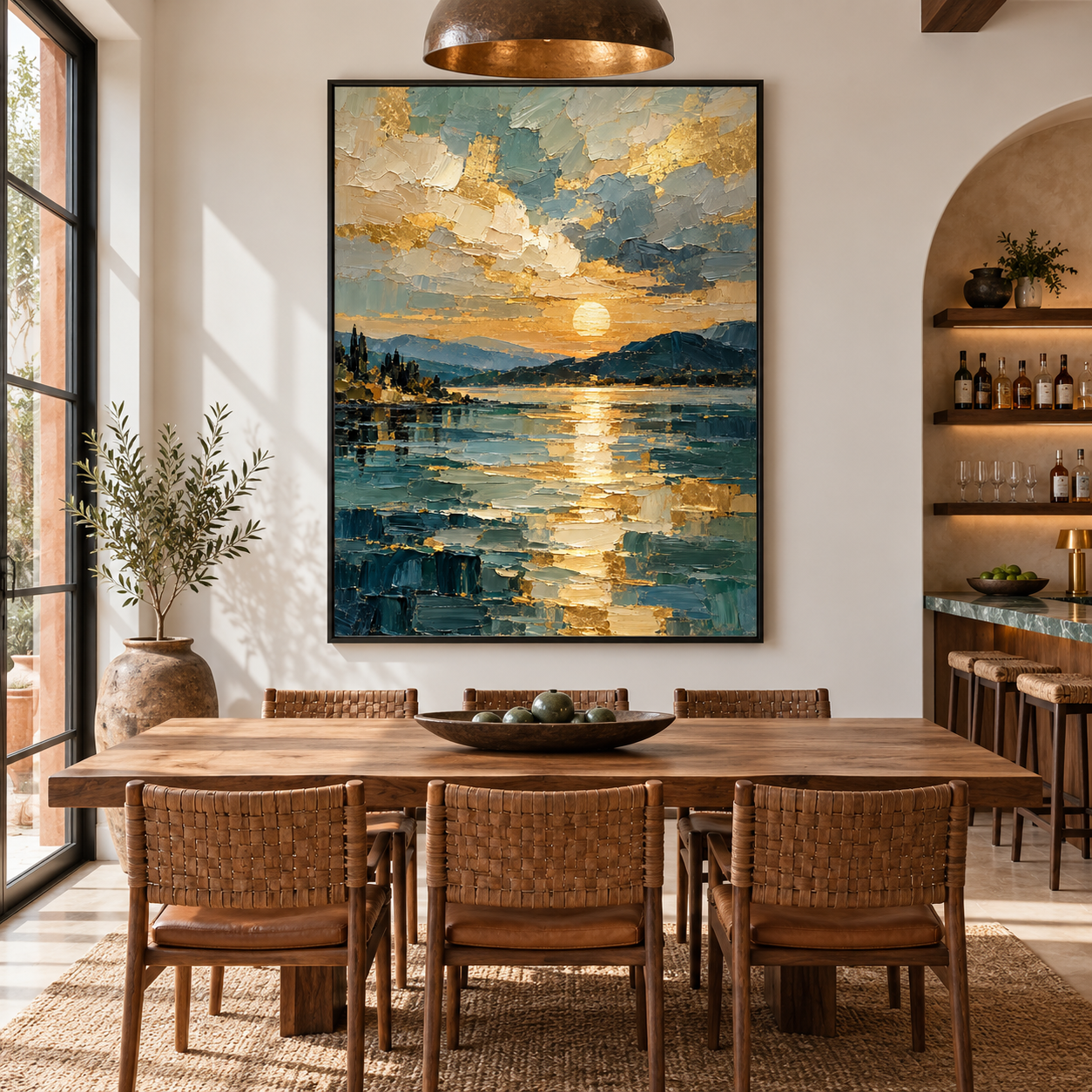 Golden Reflection Lake - Sunset Seascape Heavy Impasto Canvas Art