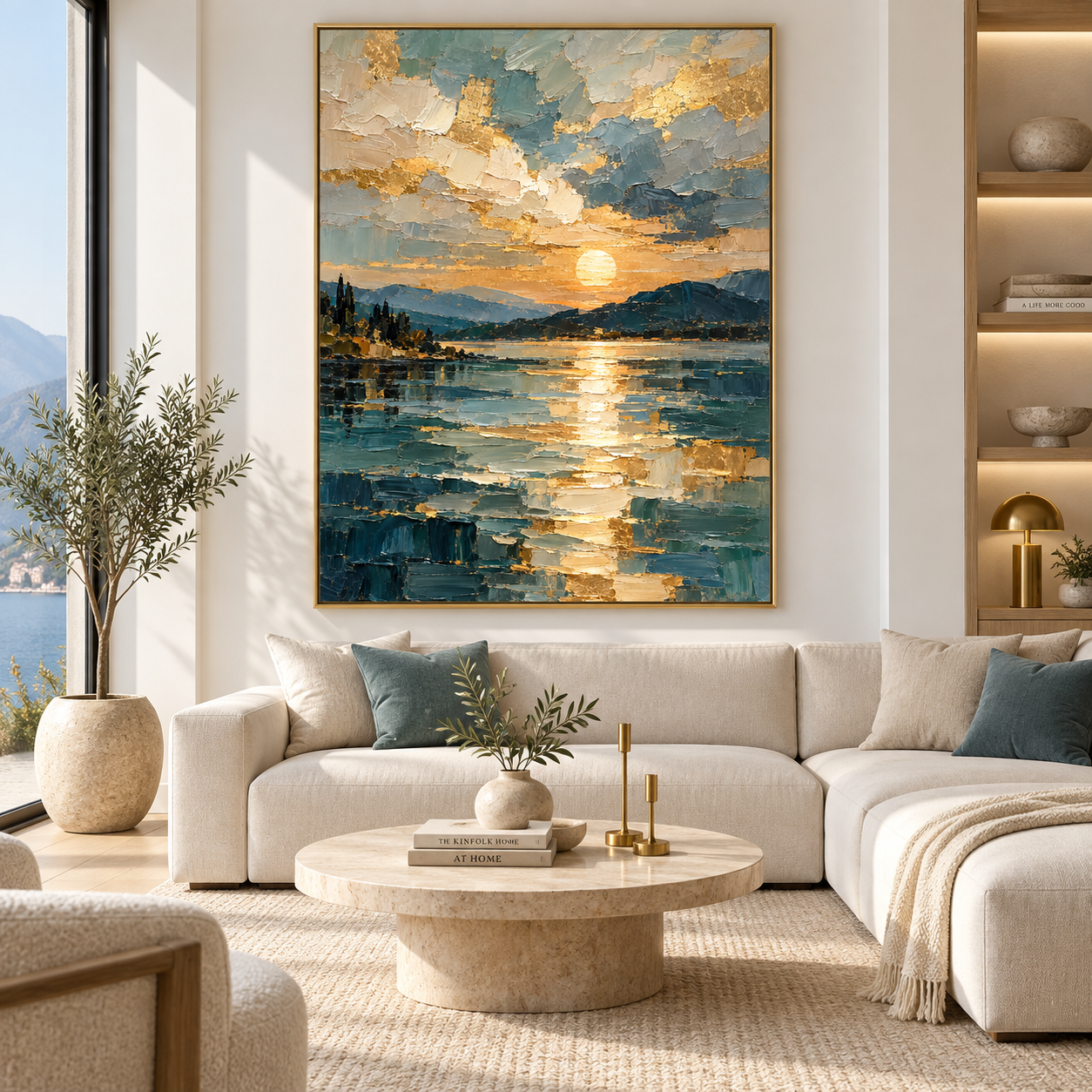 Golden Reflection Lake - Sunset Seascape Heavy Impasto Canvas Art