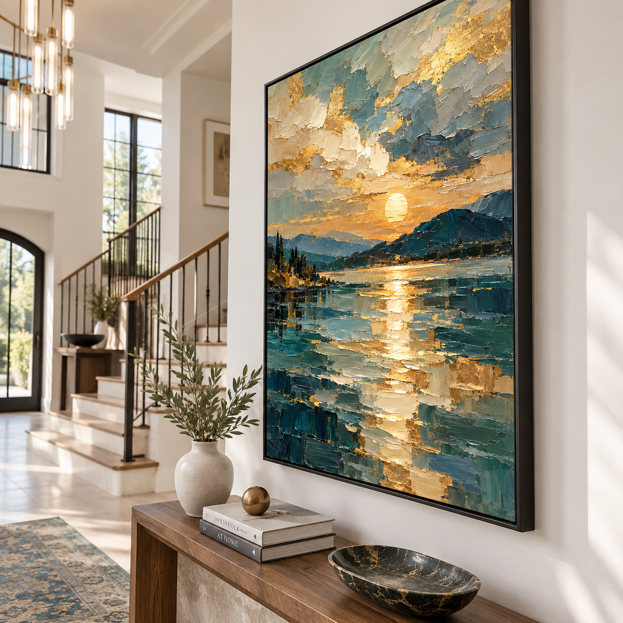 Golden Reflection Lake - Sunset Seascape Heavy Impasto Canvas Art