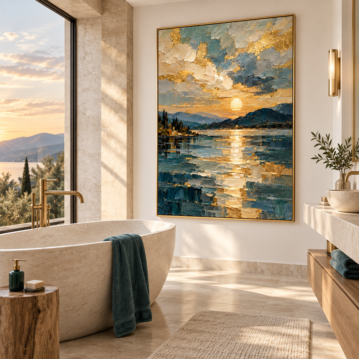 Golden Reflection Lake - Sunset Seascape Heavy Impasto Canvas Art