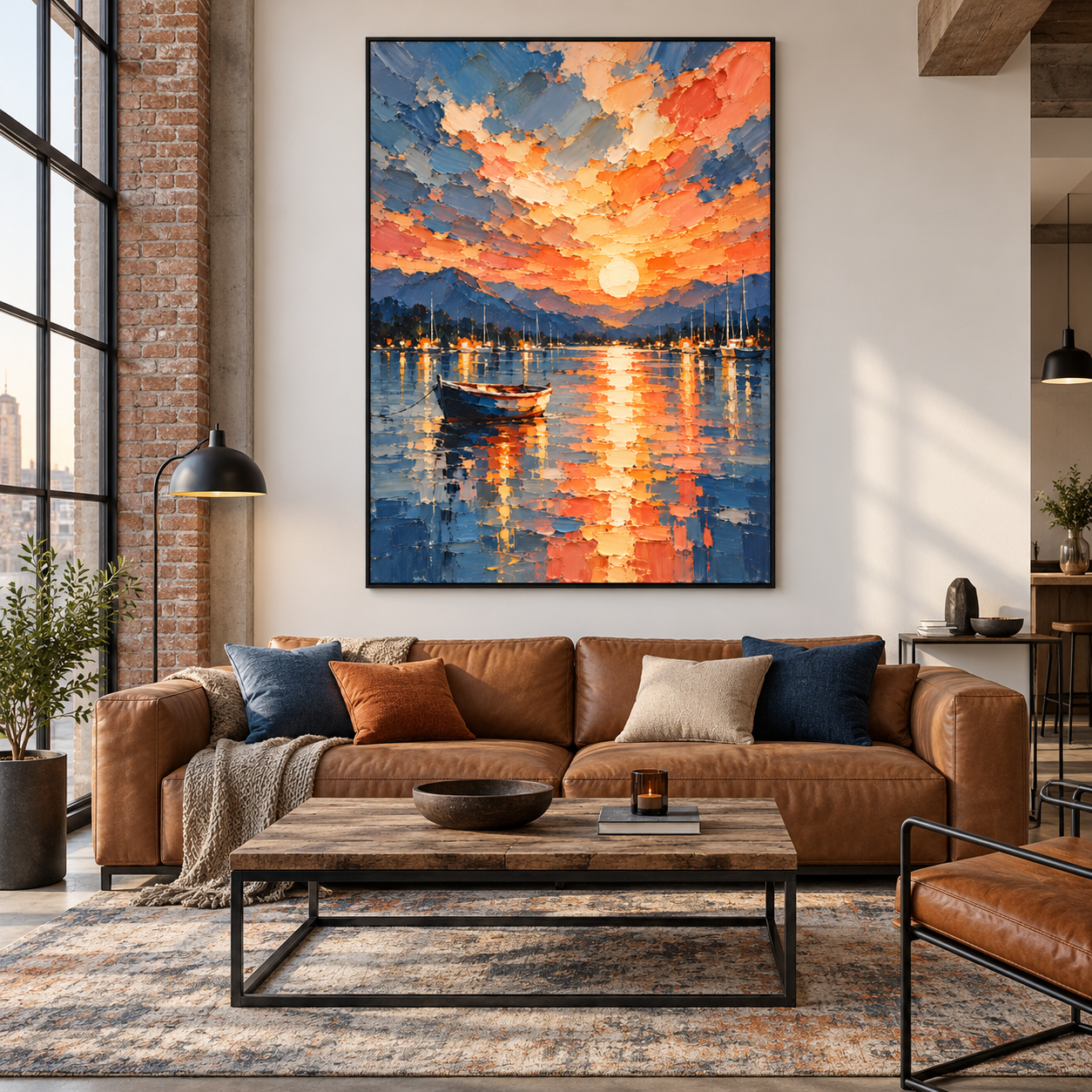 Sunset Harbor Reflection - Fiery Sky & Boat Heavy Impasto Canvas Art