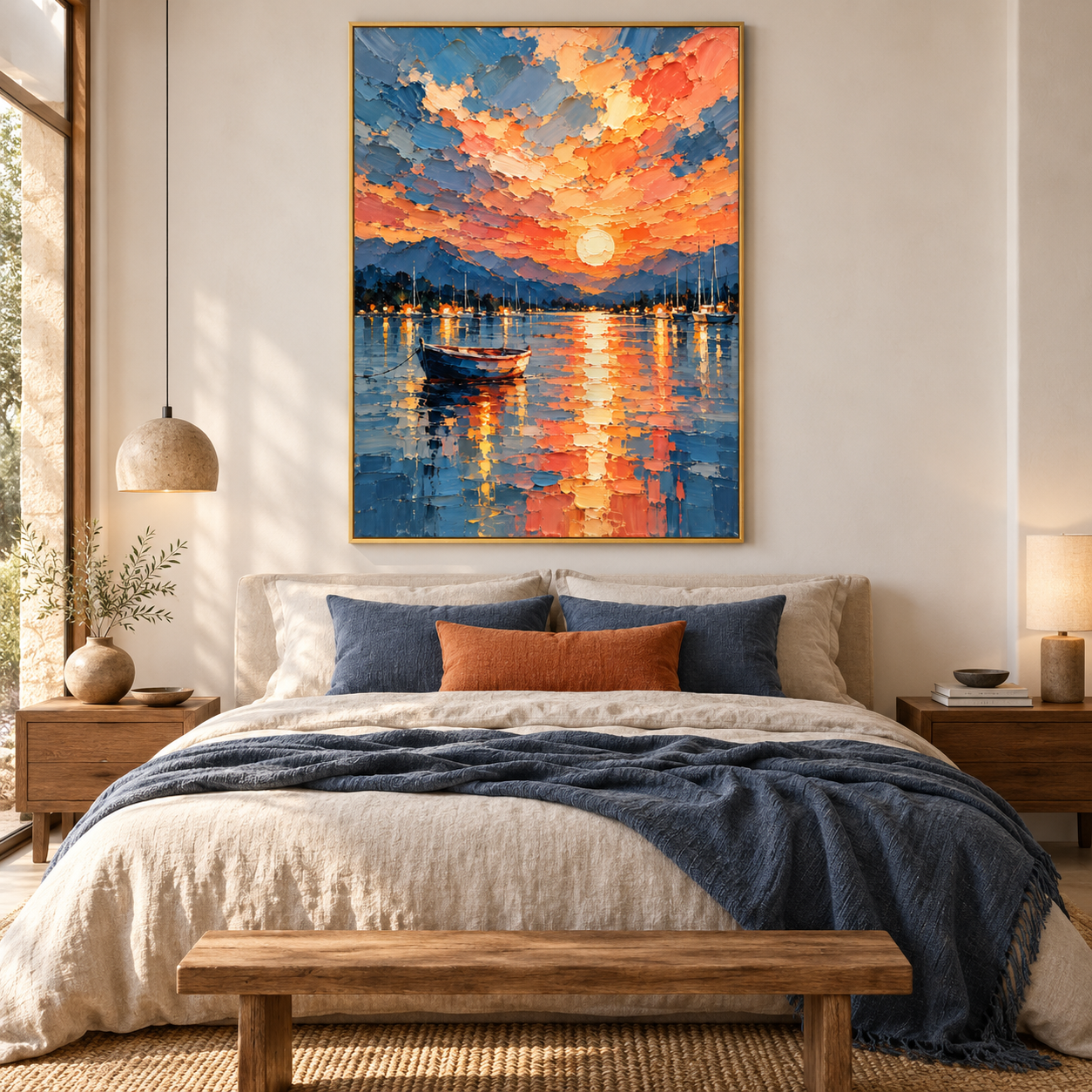 Sunset Harbor Reflection - Fiery Sky & Boat Heavy Impasto Canvas Art