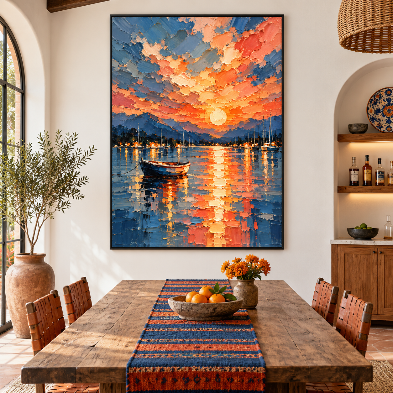 Sunset Harbor Reflection - Fiery Sky & Boat Heavy Impasto Canvas Art