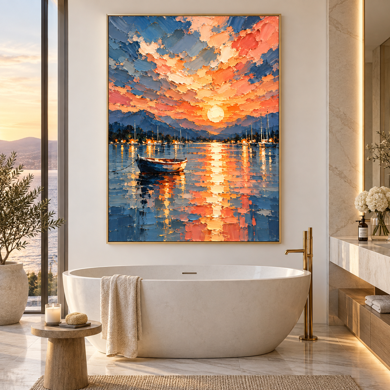 Sunset Harbor Reflection - Fiery Sky & Boat Heavy Impasto Canvas Art
