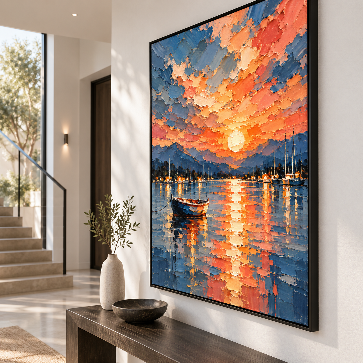 Sunset Harbor Reflection - Fiery Sky & Boat Heavy Impasto Canvas Art