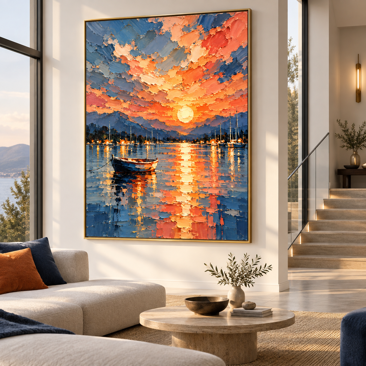 Sunset Harbor Reflection - Fiery Sky & Boat Heavy Impasto Canvas Art