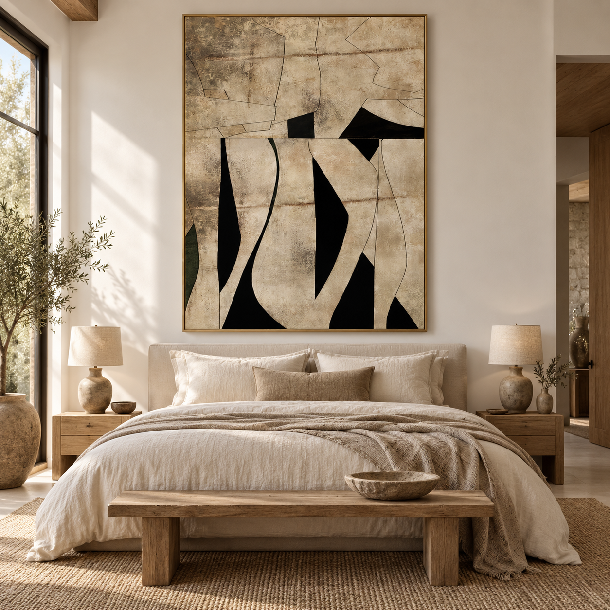 Spatial Silhouette - Beige & Black Sculptural Form Canvas Art
