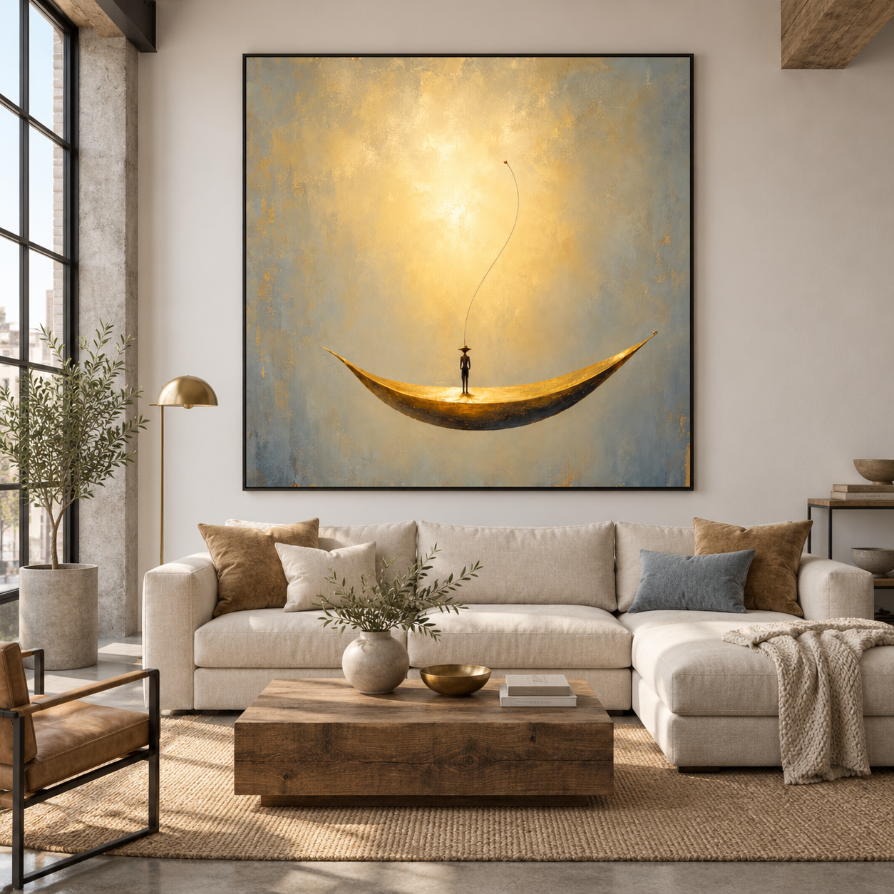 Golden Dream Voyager - Surreal Crescent Boat Canvas Art