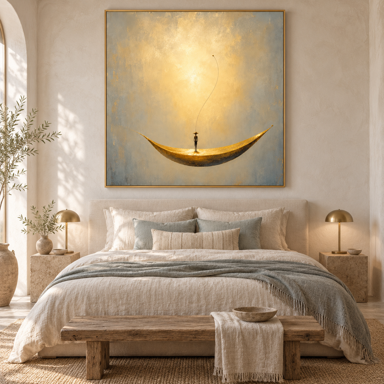Golden Dream Voyager - Surreal Crescent Boat Canvas Art