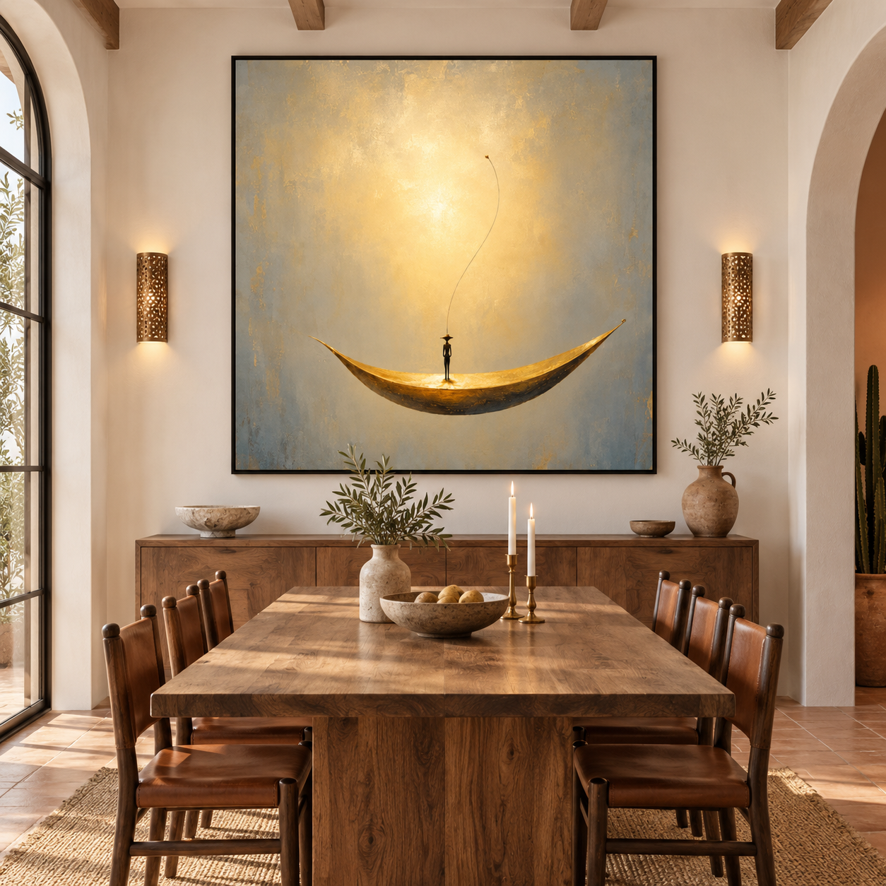 Golden Dream Voyager - Surreal Crescent Boat Canvas Art