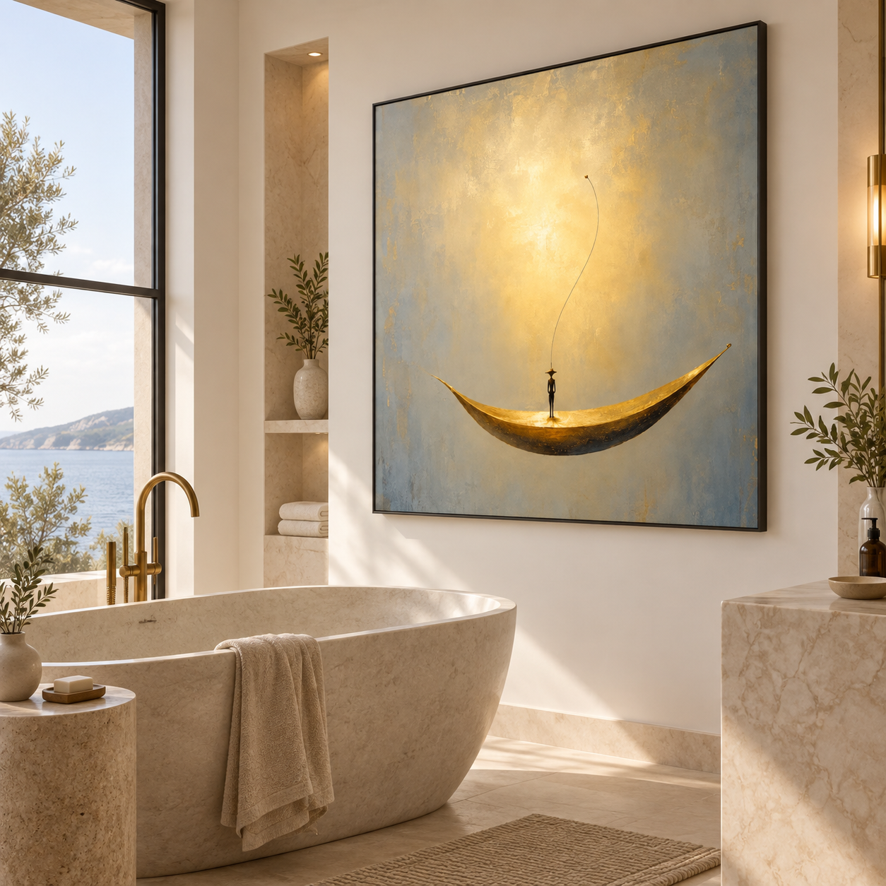 Golden Dream Voyager - Surreal Crescent Boat Canvas Art