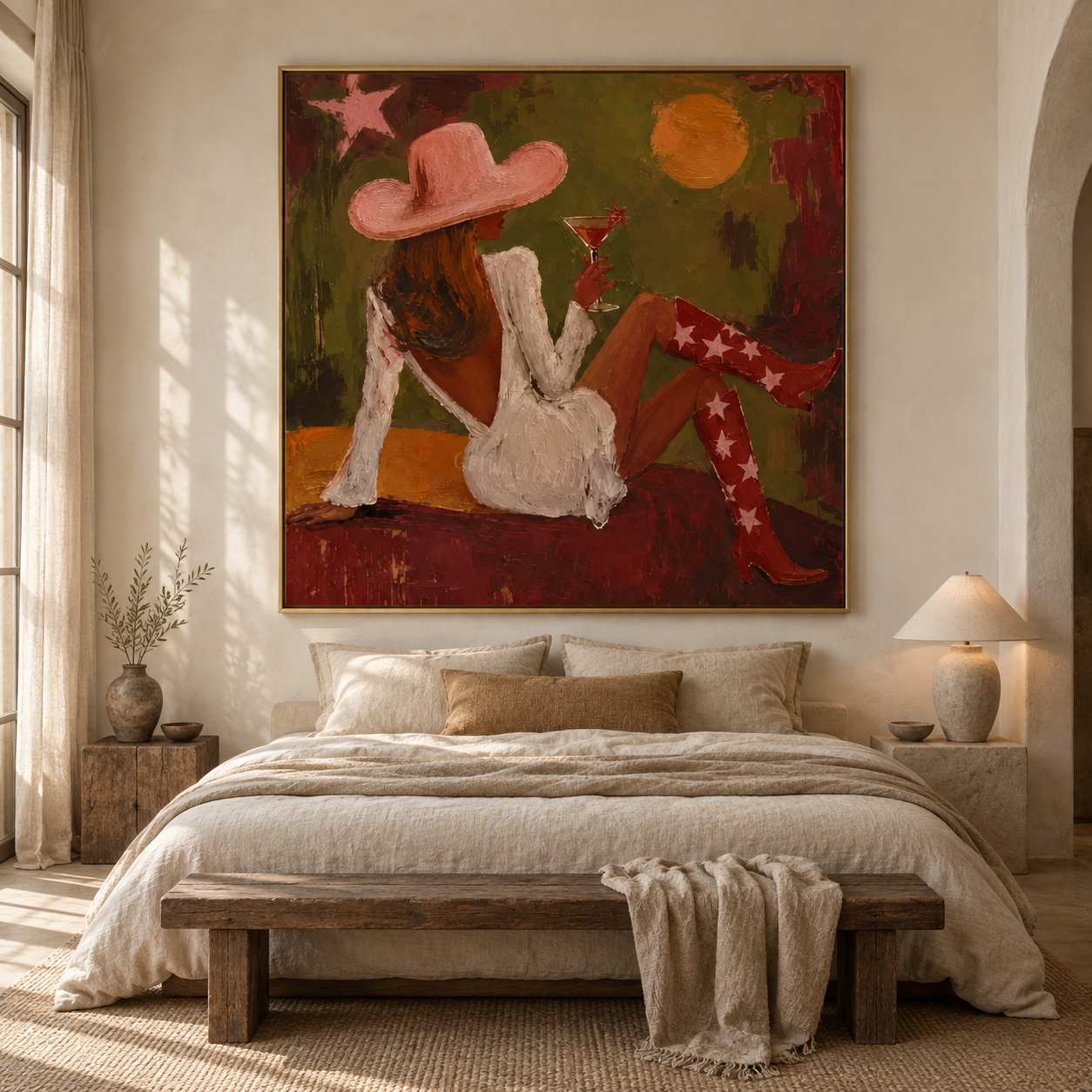 Glamour at Sunset - Cowgirl in Pink Hat & Cocktail Canvas Art