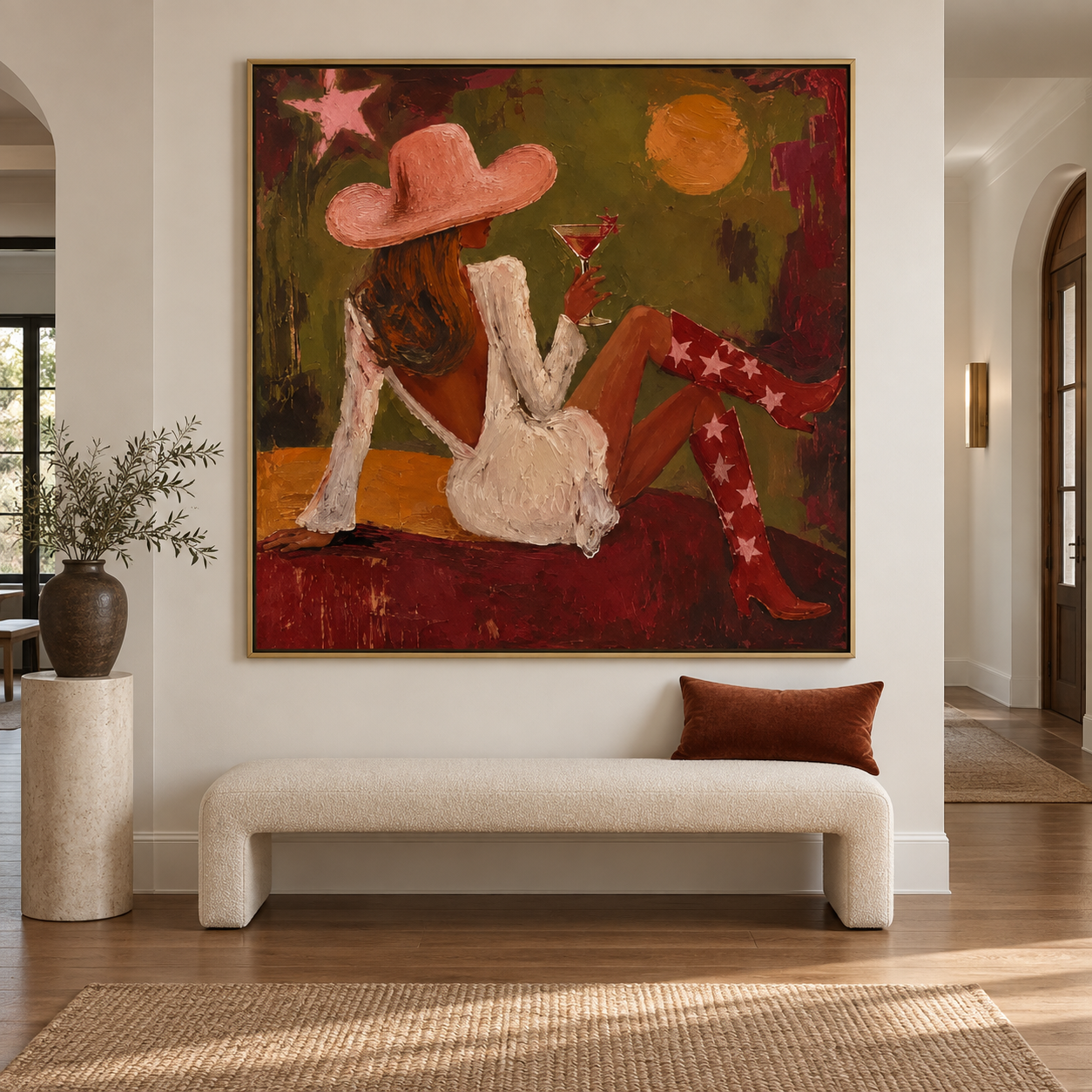 Glamour at Sunset - Cowgirl in Pink Hat & Cocktail Canvas Art