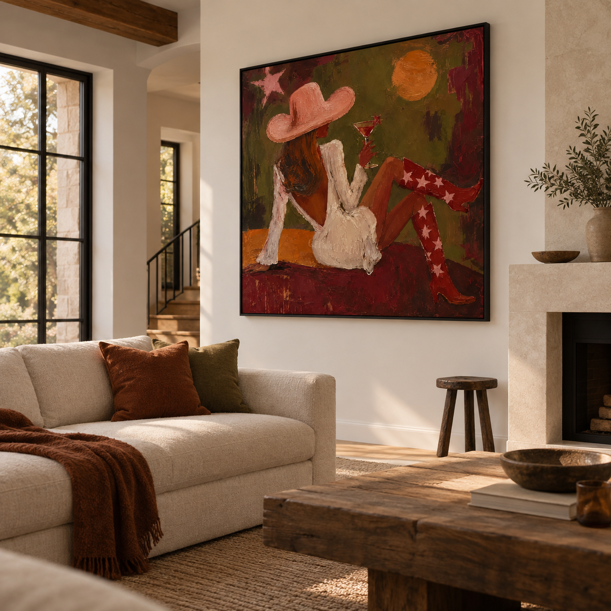 Glamour at Sunset - Cowgirl in Pink Hat & Cocktail Canvas Art