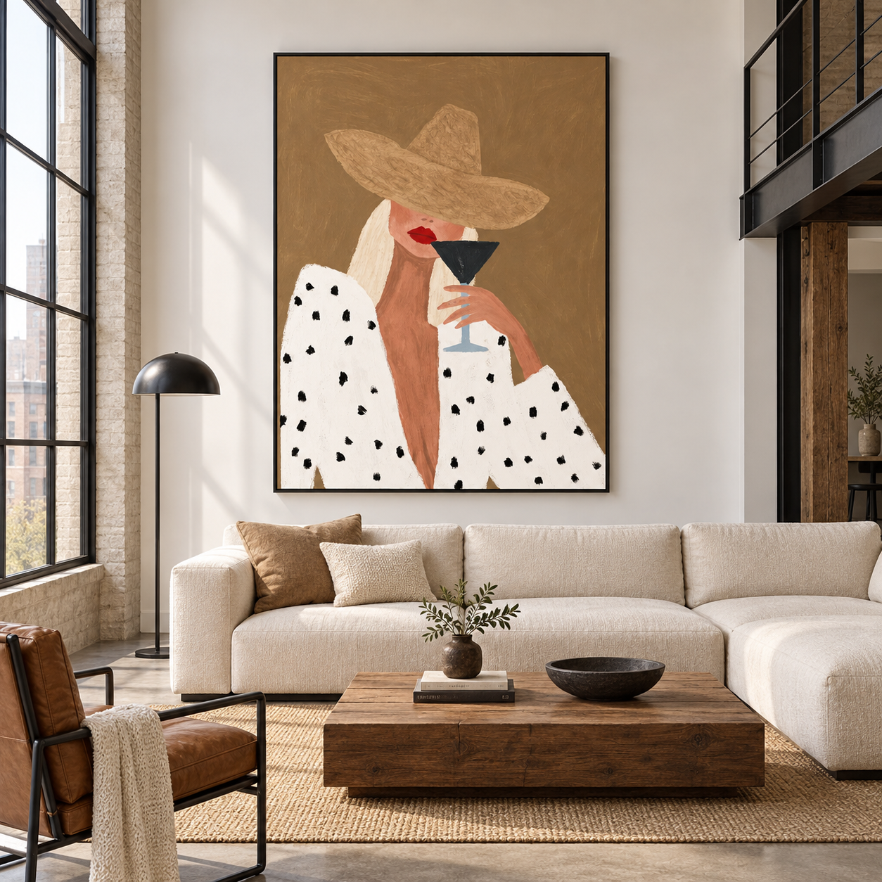 The Summer Sip - Chic Woman in Straw Hat Canvas Art