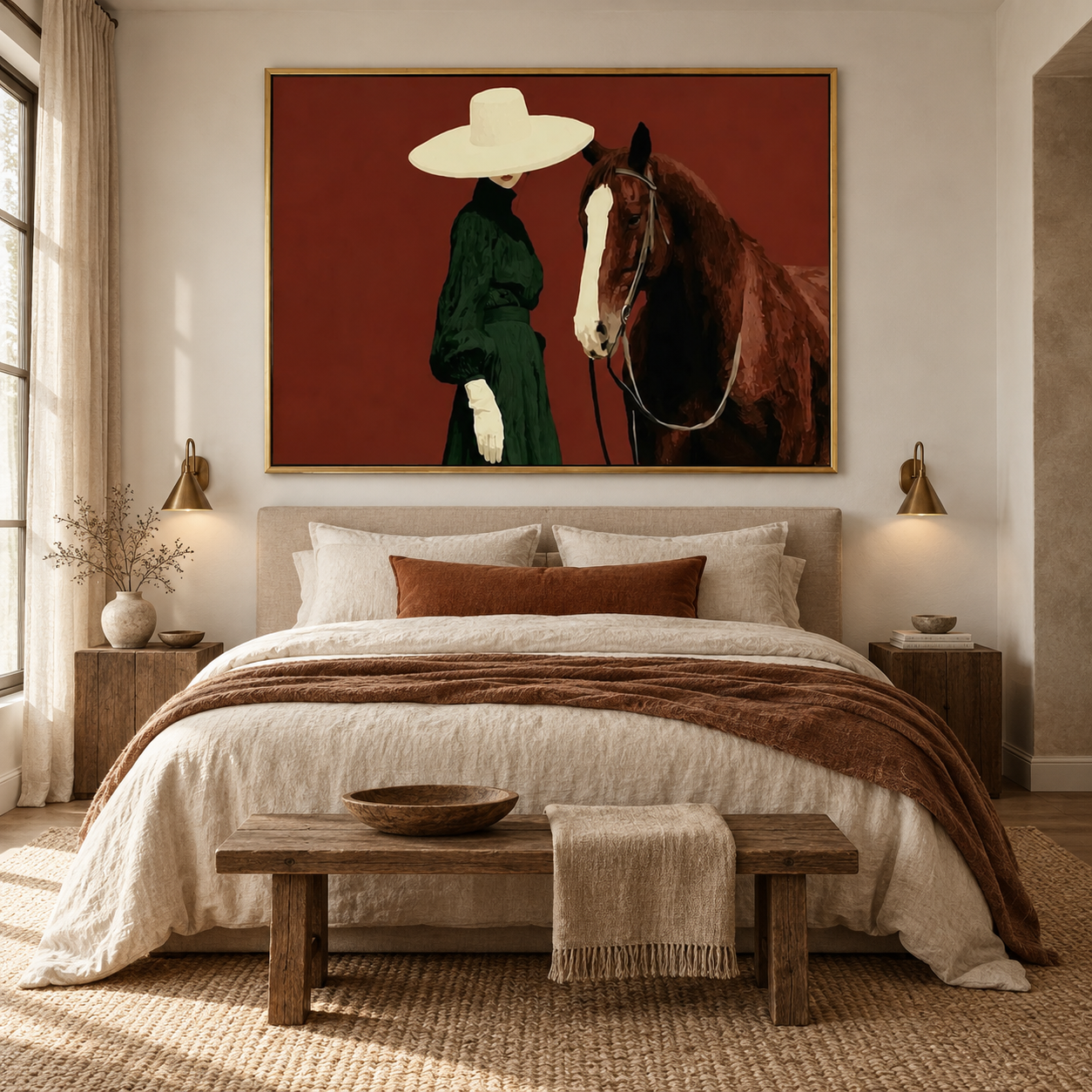 The Noble Bond - Chic Woman in Green Dress & Horse Canvas Art