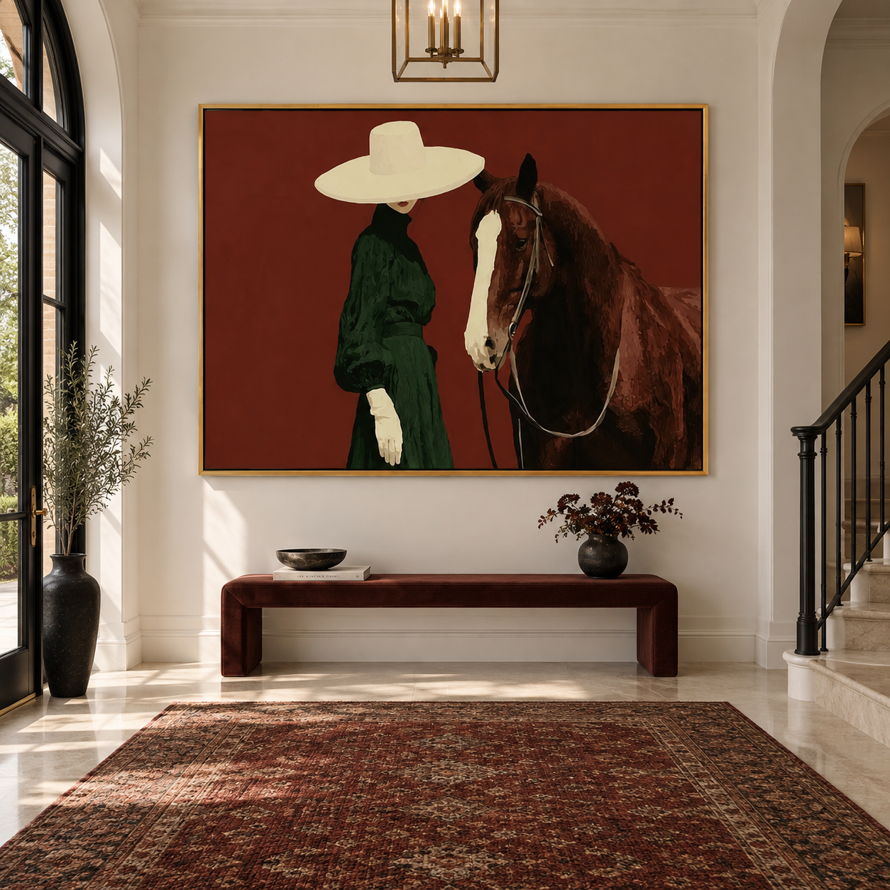 The Noble Bond - Chic Woman in Green Dress & Horse Canvas Art