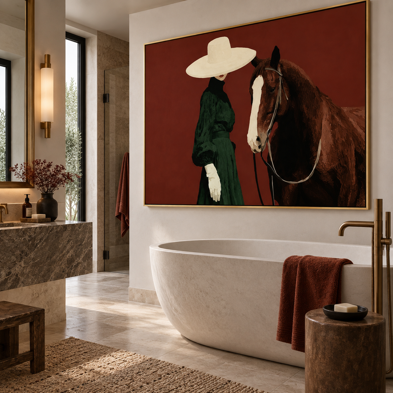 The Noble Bond - Chic Woman in Green Dress & Horse Canvas Art