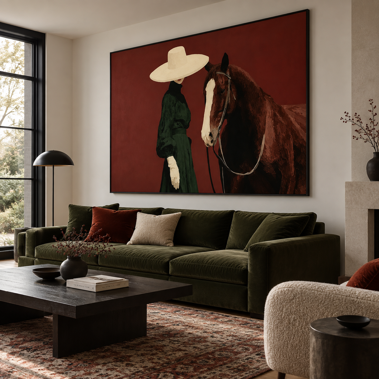 The Noble Bond - Chic Woman in Green Dress & Horse Canvas Art
