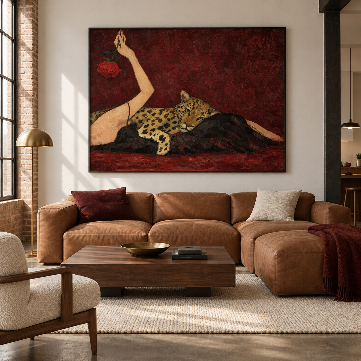 Wild Romance - Reclining Nude & Leopard with Red Rose Canvas Art