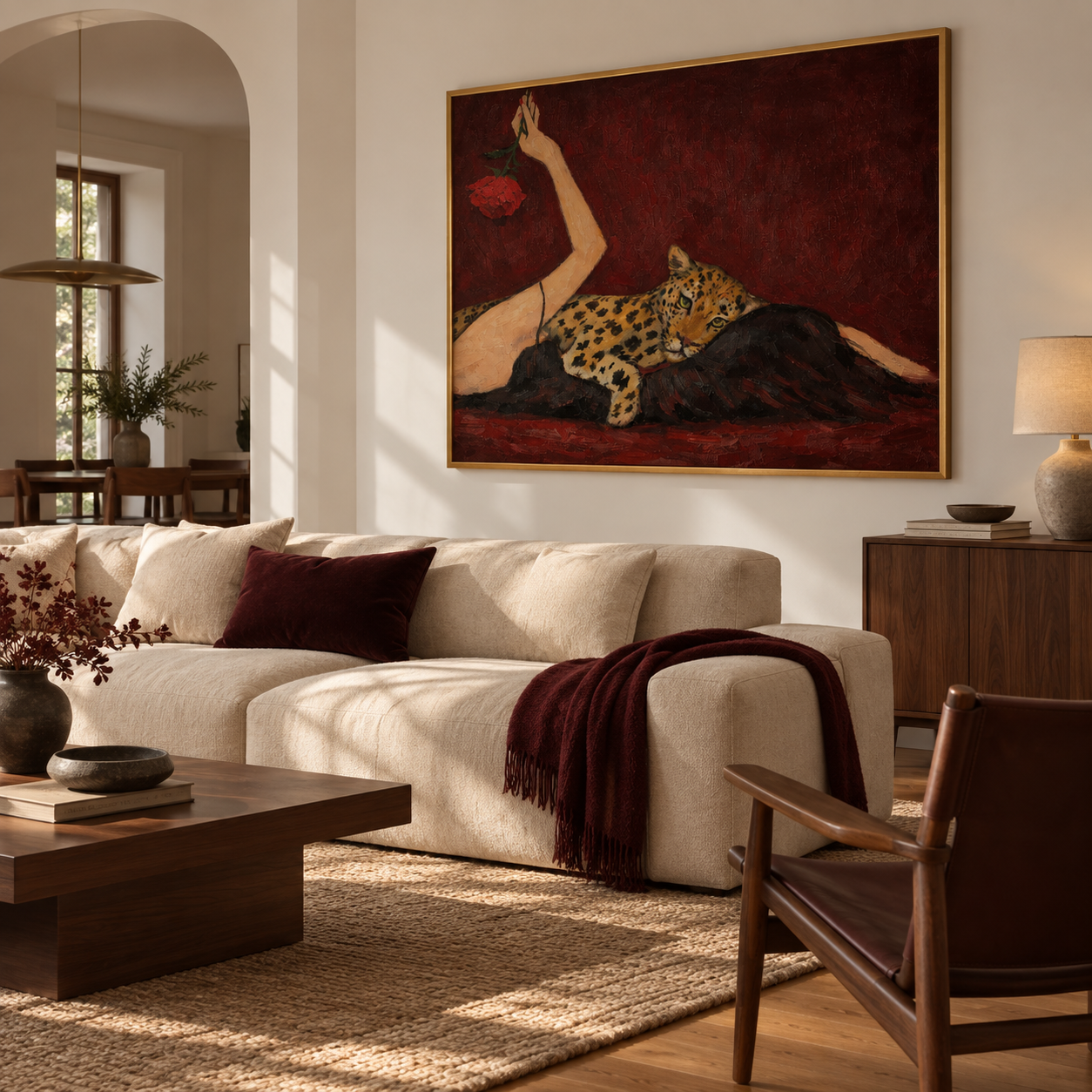Wild Romance - Reclining Nude & Leopard with Red Rose Canvas Art