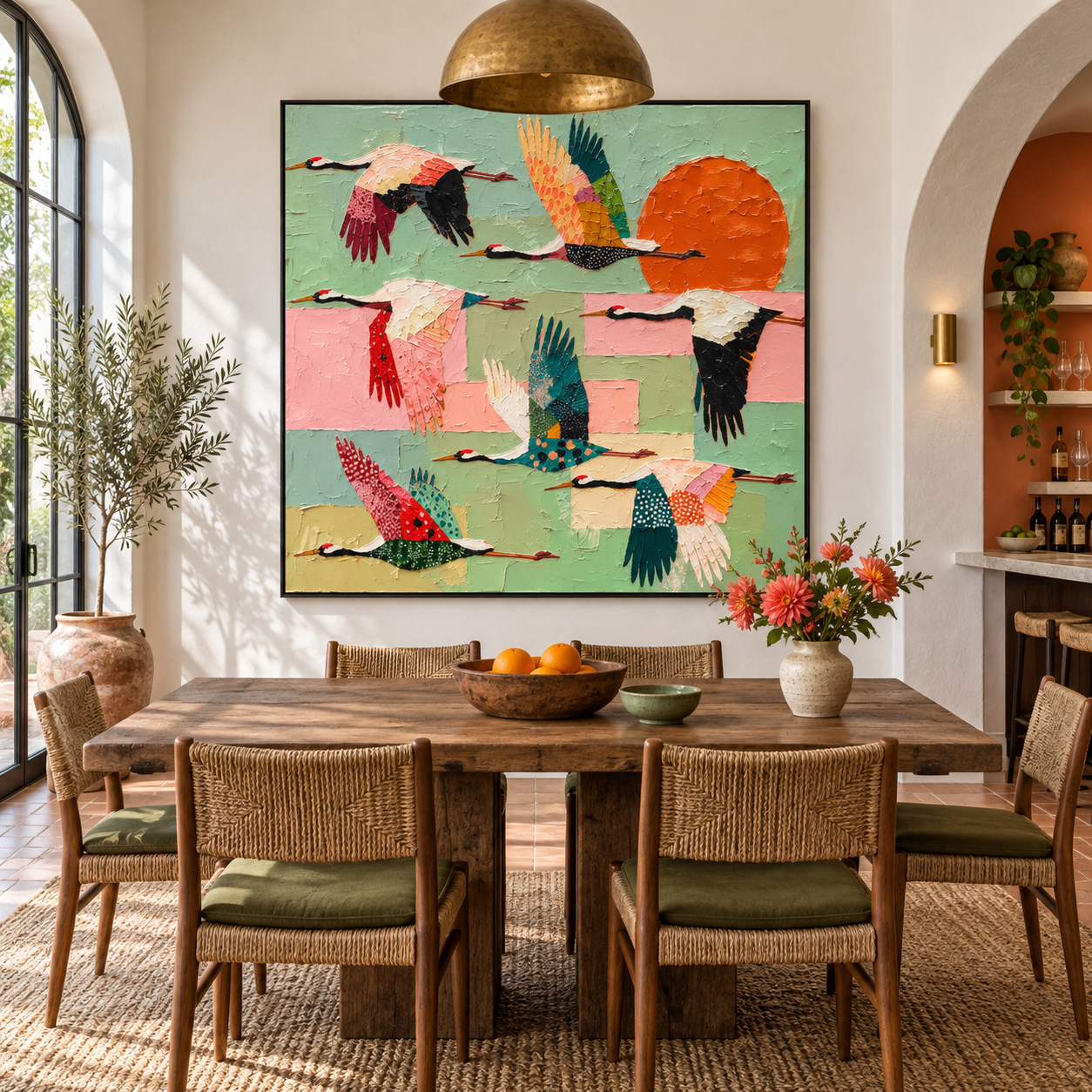 Celestial Flight - Colorful Flying Cranes & Sun Canvas Art