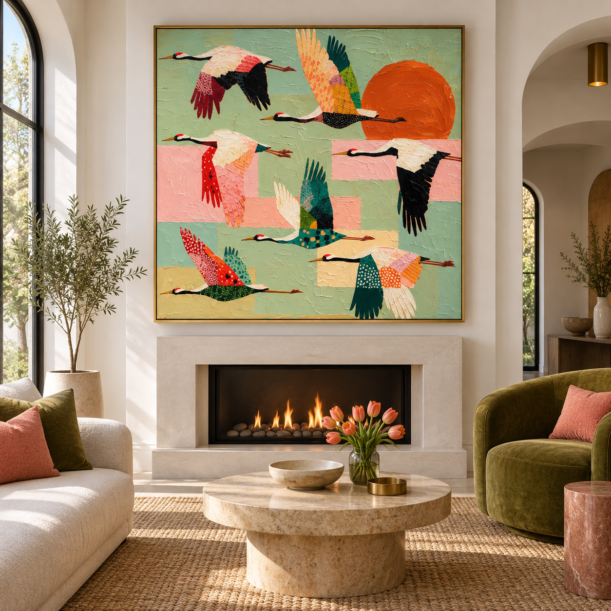 Celestial Flight - Colorful Flying Cranes & Sun Canvas Art