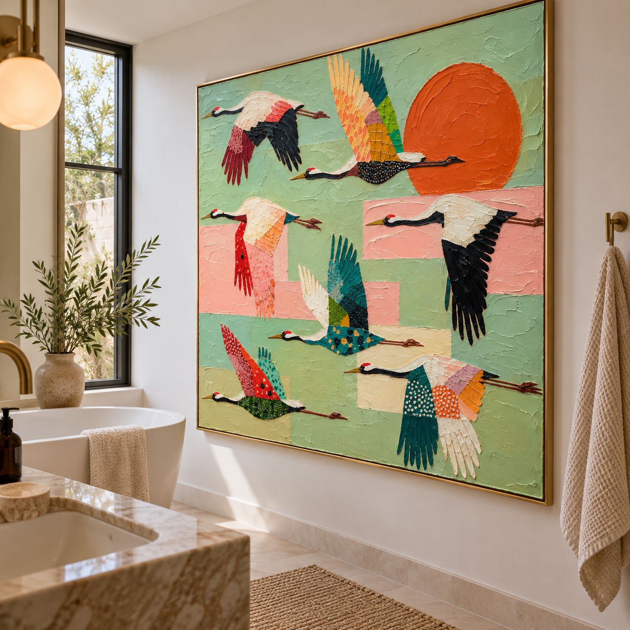 Celestial Flight - Colorful Flying Cranes & Sun Canvas Art