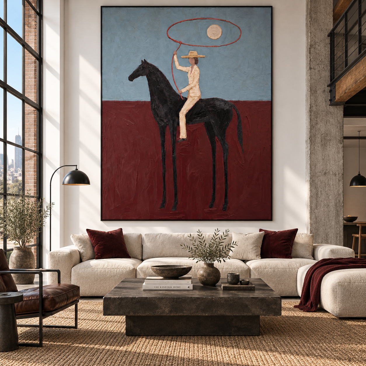 The Crimson Lasso - Stylized Equestrian Heavy Impasto Canvas Art