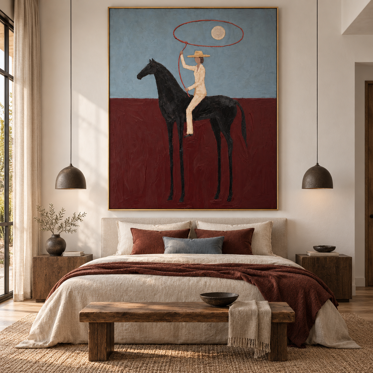 The Crimson Lasso - Stylized Equestrian Heavy Impasto Canvas Art