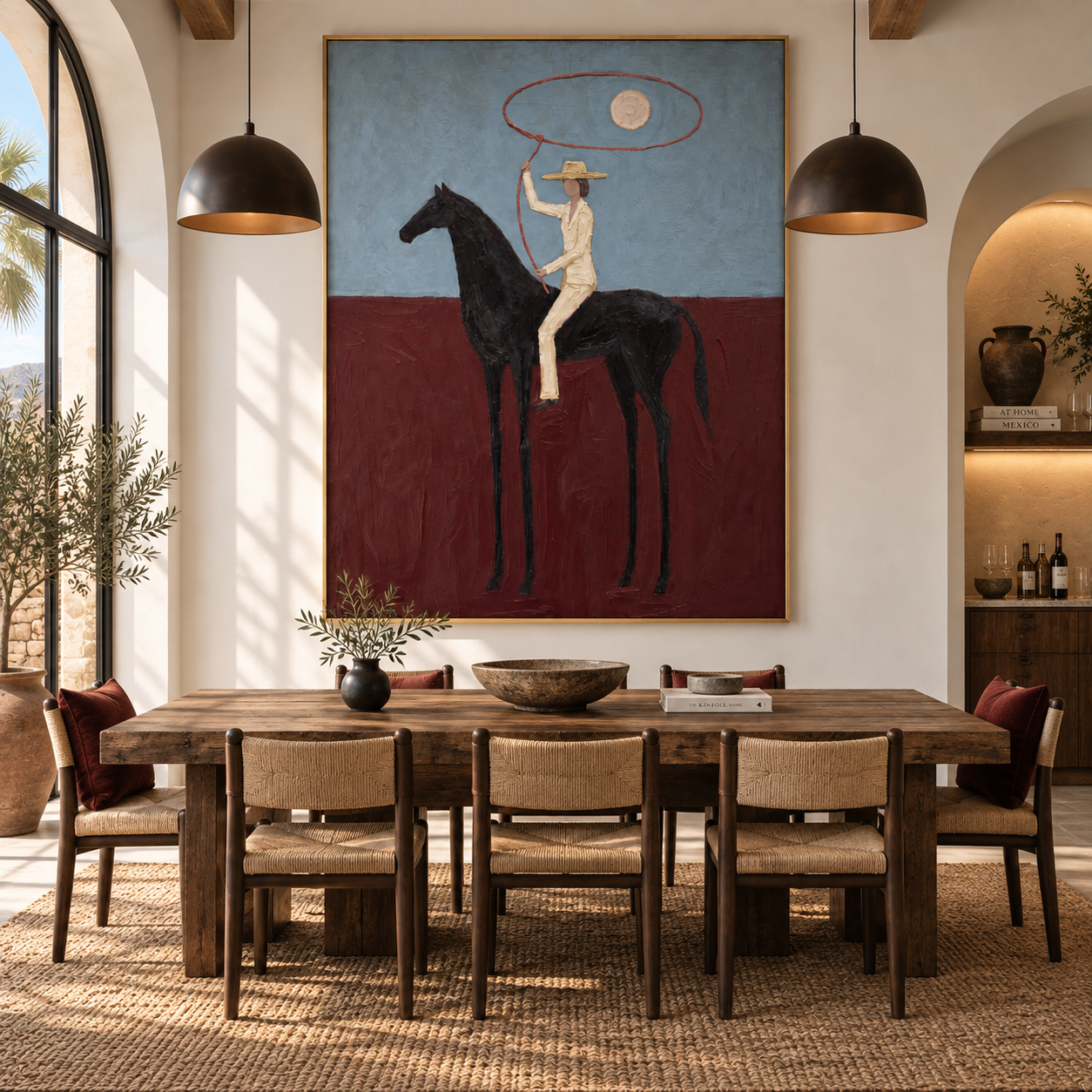 The Crimson Lasso - Stylized Equestrian Heavy Impasto Canvas Art