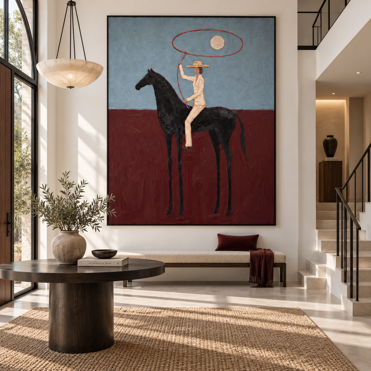 The Crimson Lasso - Stylized Equestrian Heavy Impasto Canvas Art