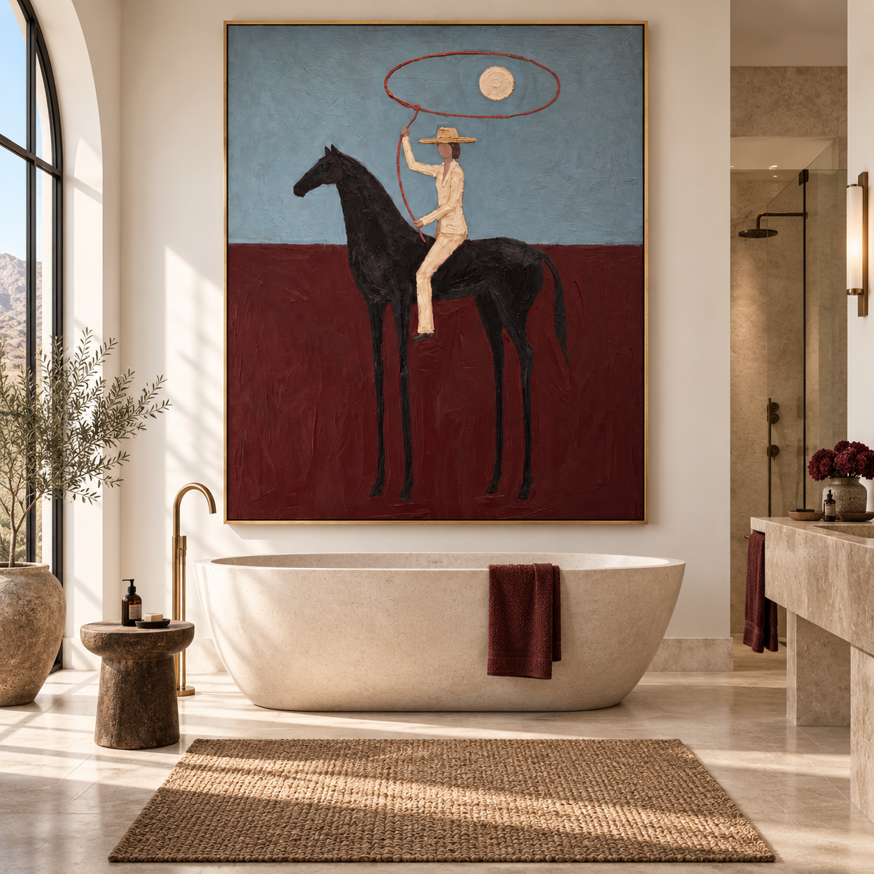 The Crimson Lasso - Stylized Equestrian Heavy Impasto Canvas Art