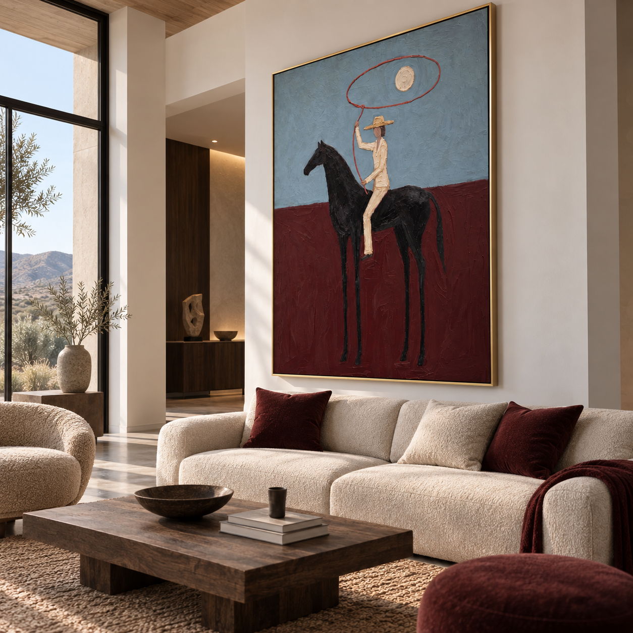 The Crimson Lasso - Stylized Equestrian Heavy Impasto Canvas Art