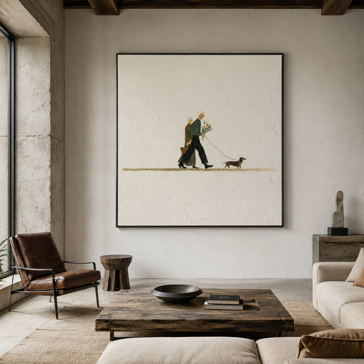 Years of Togetherness - Minimalist Elderly Couple & Dachshund Dog Impasto Canvas