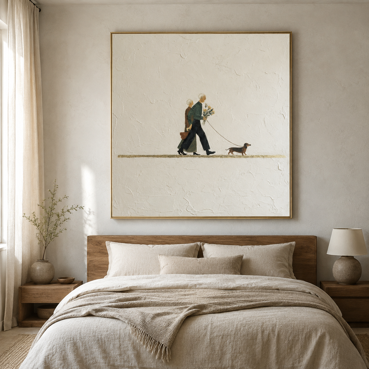 Years of Togetherness - Minimalist Elderly Couple & Dachshund Dog Impasto Canvas