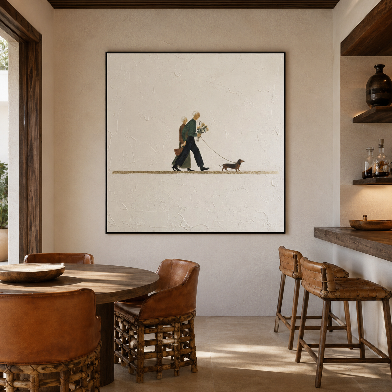 Years of Togetherness - Minimalist Elderly Couple & Dachshund Dog Impasto Canvas