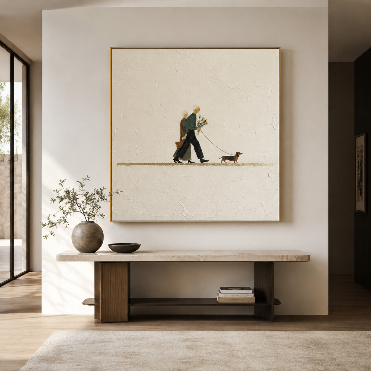 Years of Togetherness - Minimalist Elderly Couple & Dachshund Dog Impasto Canvas