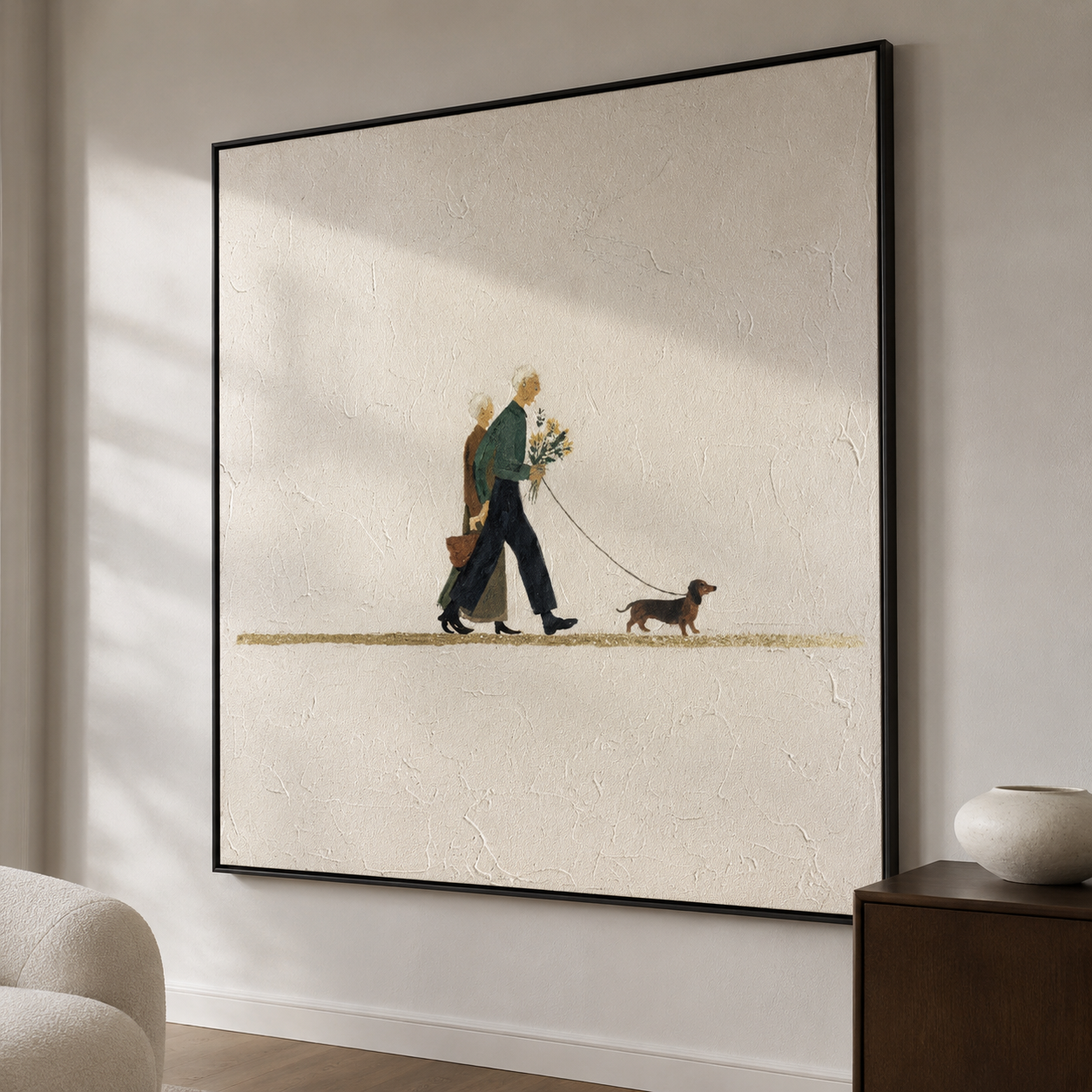 Years of Togetherness - Minimalist Elderly Couple & Dachshund Dog Impasto Canvas