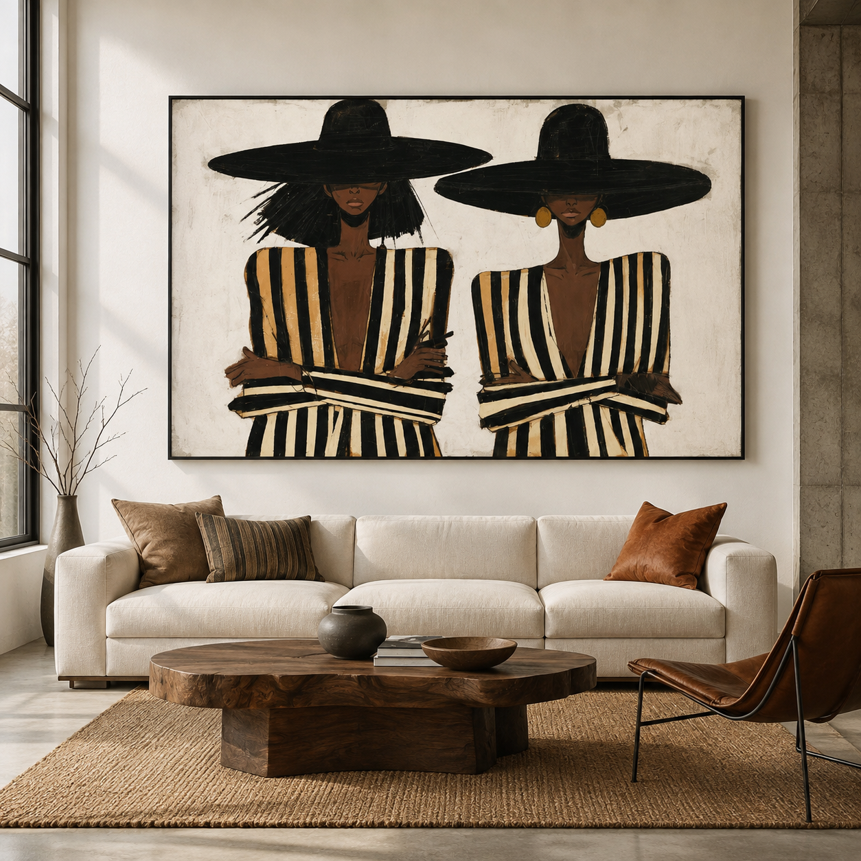 Modern Chic - Two Women in Wide-Brim Hats & Striped Suits Canvas