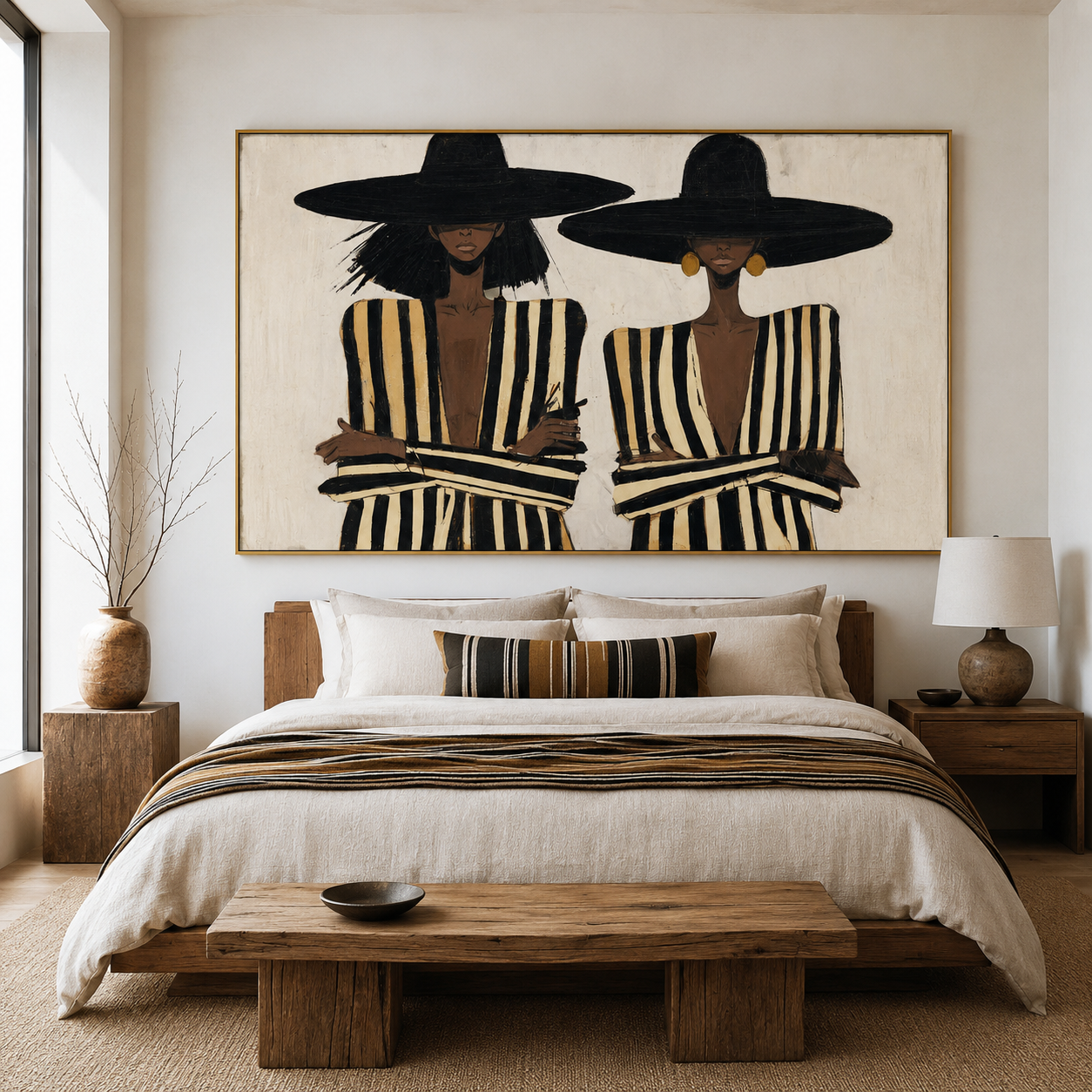 Modern Chic - Two Women in Wide-Brim Hats & Striped Suits Canvas