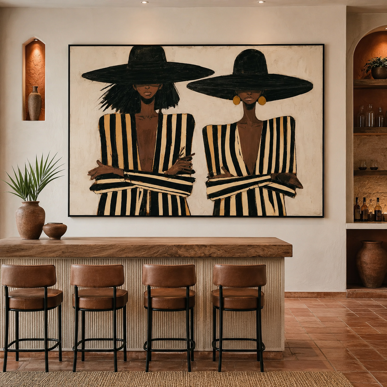 Modern Chic - Two Women in Wide-Brim Hats & Striped Suits Canvas
