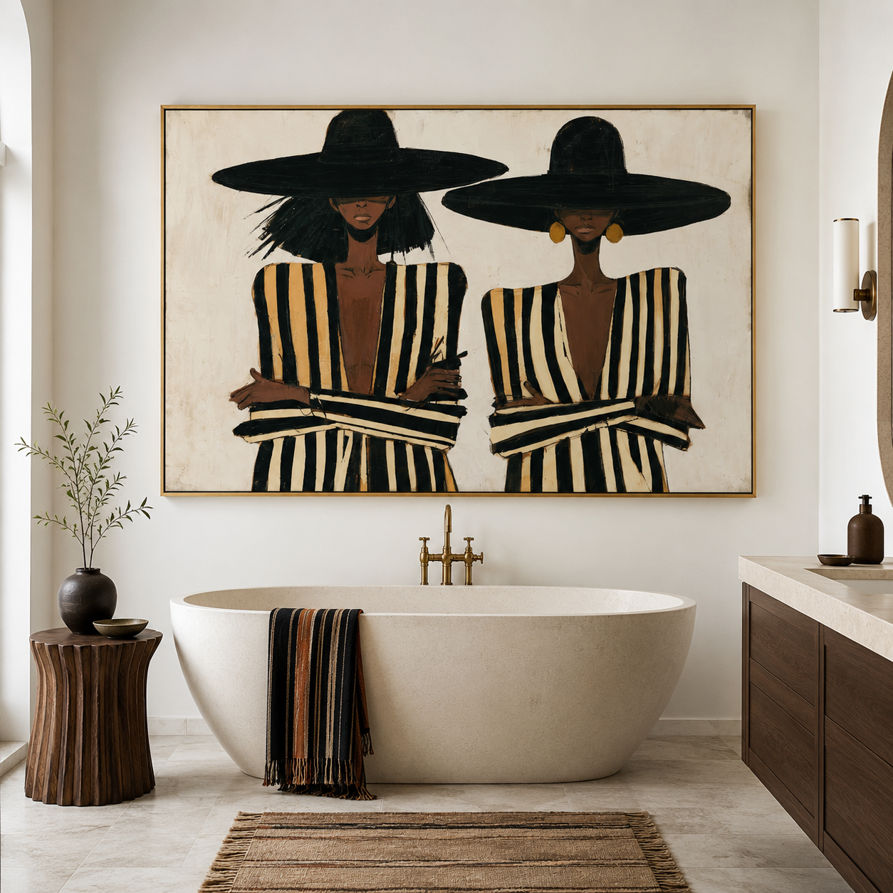 Modern Chic - Two Women in Wide-Brim Hats & Striped Suits Canvas