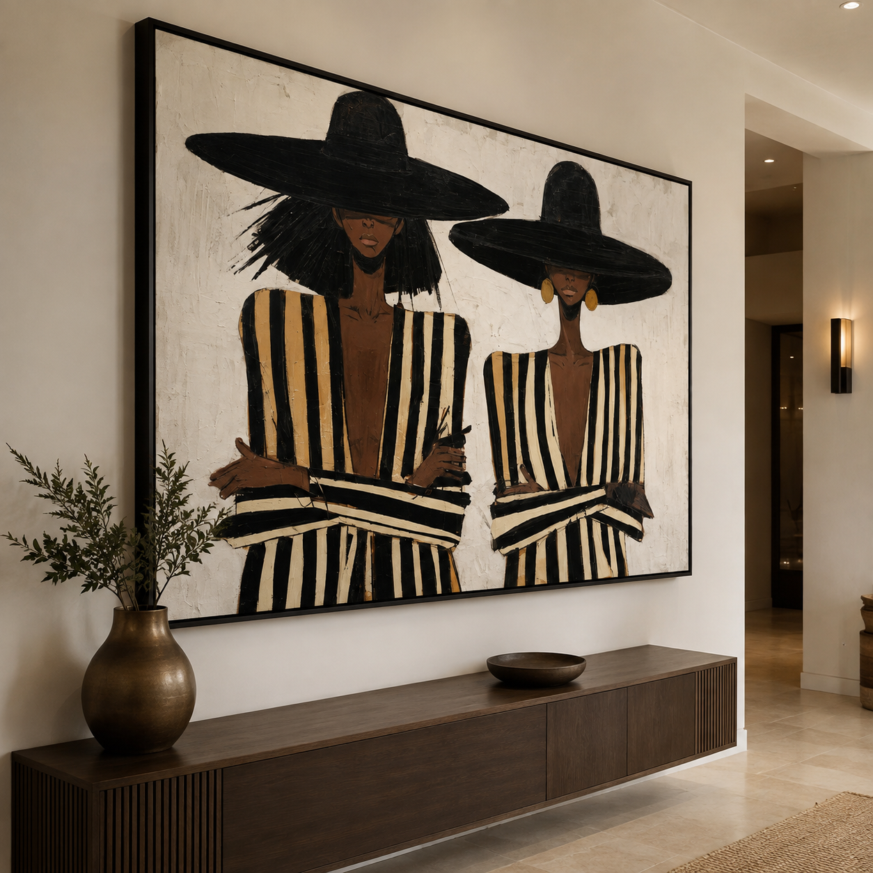 Modern Chic - Two Women in Wide-Brim Hats & Striped Suits Canvas