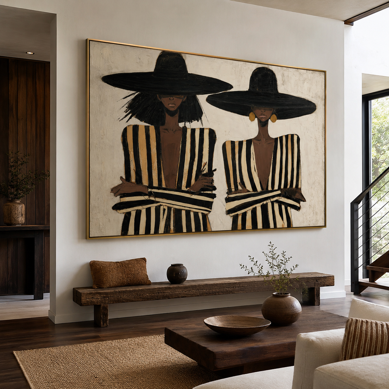 Modern Chic - Two Women in Wide-Brim Hats & Striped Suits Canvas